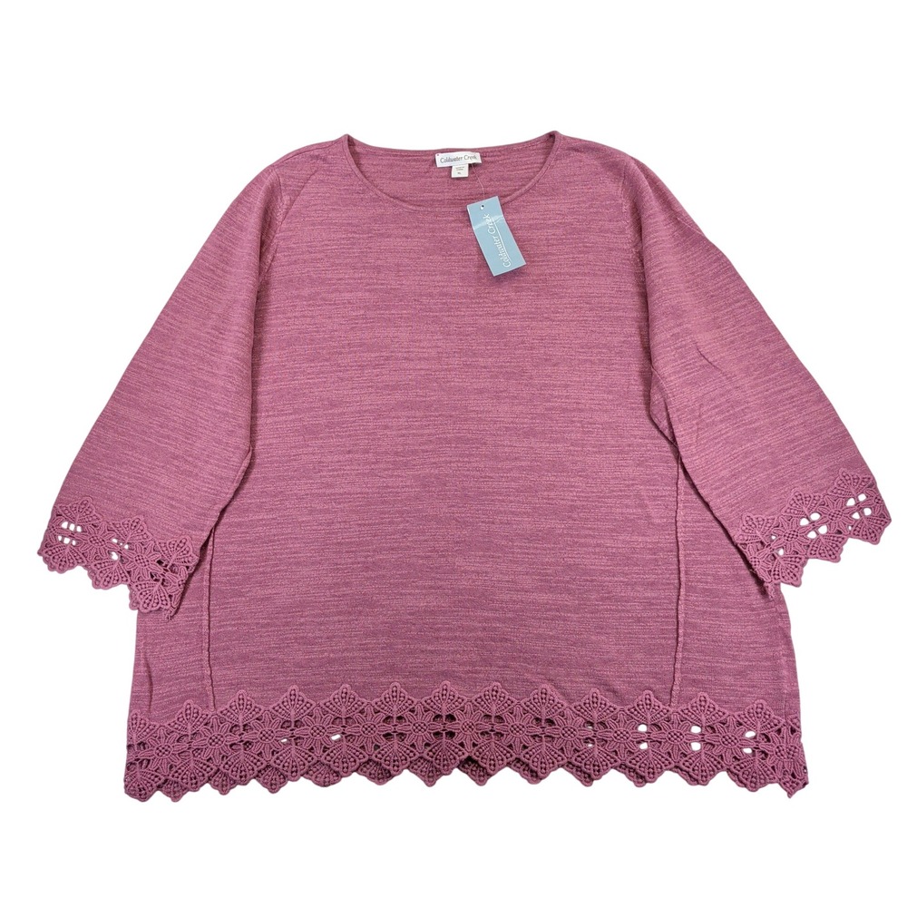 Coldwater Creek Wild Orchid Crochet Trim Cotton Linen Knit Top XL NWT